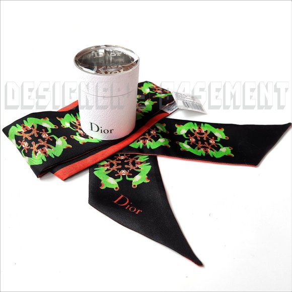 CHRISTIAN DIOR black Frogs by Chris Martin MITZAH skinny 2-sided Silk scarf NIB - Picture 1 of 4